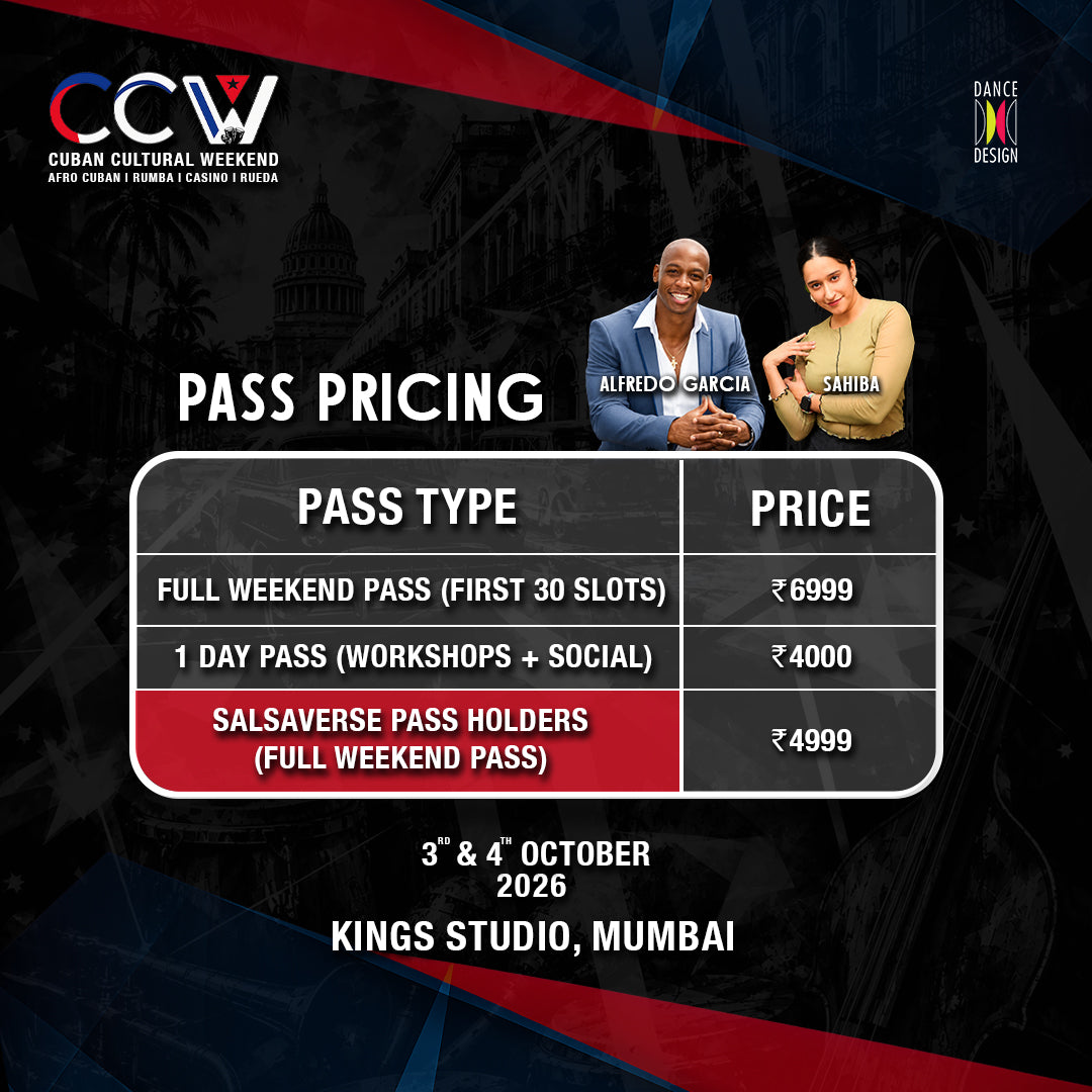 Afro-Cuban Rumba and Casino dance event pass for Cuban Cultural Weekender by Dance Design, featuring traditional dance visuals.