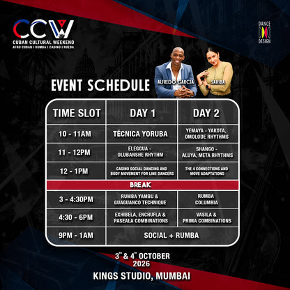 Dance Design Cuban Cultural Weekender event schedule with Afro-Cuban Rumba, Casino, and Rueda workshops and details.