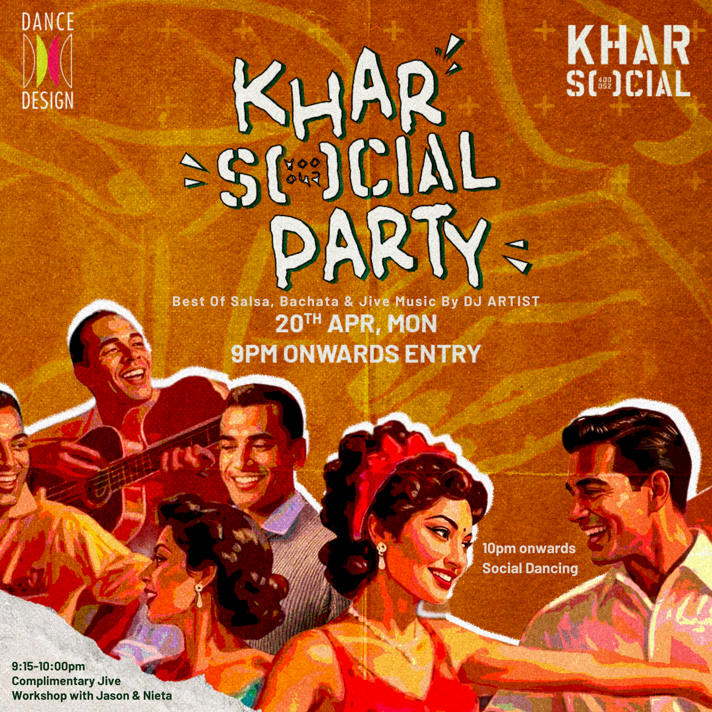 Dance Design Khar Social Party Latin Night event poster featuring vibrant dancers and lively atmosphere in Mumbai.