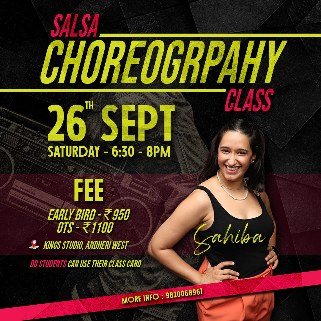 Salsa choreography class with Sahiba at Dance Design, showing students practicing dance steps in a studio.
