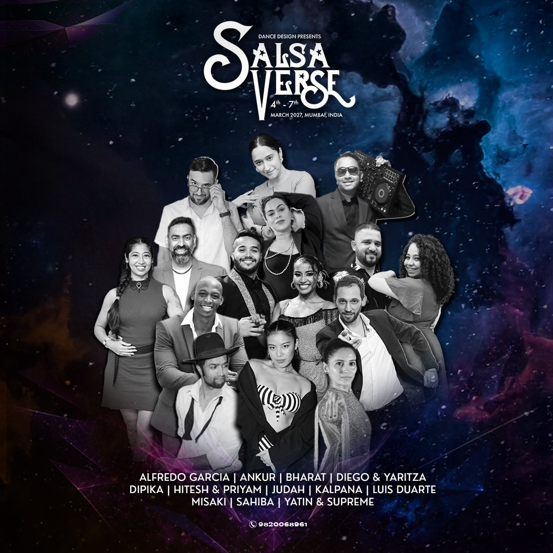 Lineup of skilled salsa dancers at SalsaVerse 2027, India's advanced salsa festival by Dance Design showcasing energetic performances.