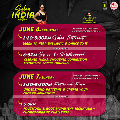 Schedule for Salsa in India Hyderabad Edition with Sahiba, showcasing dance class details and event information by Dance Design.