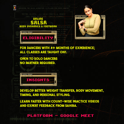 Dance Design online salsa body dynamics and footwork class image showing dance steps and instructor guidance.